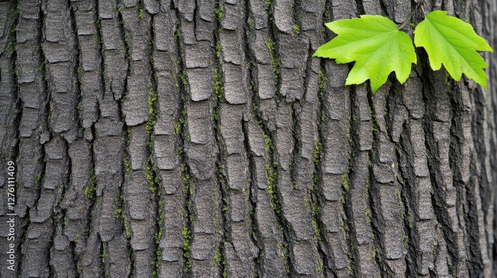 Poster close up view of tree bark texture with small green leaves. dark grey bark with vertical lines and m