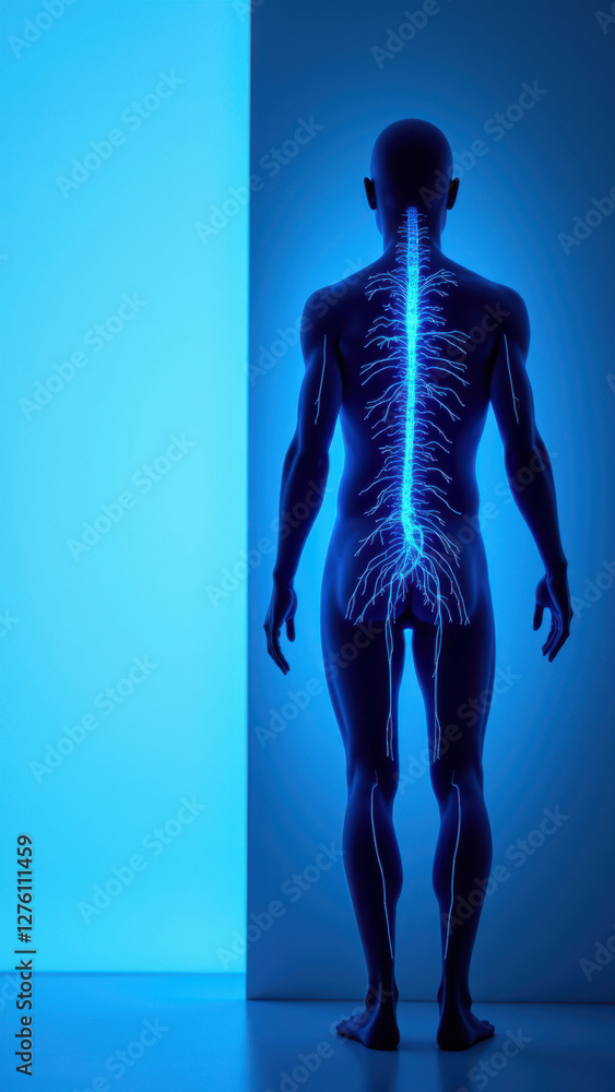 Wall mural this is an image showing a human figure with highlighted nerves along the spine, illustrating the co