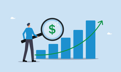 Revenue or salary increase, money or wages growing concept, growth investment profit or earning from stock market, businessman with magnifying glass on dollar money sign with growth graph and chart.
