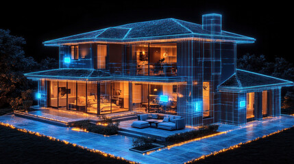 Obraz premium Smart home security system showing holographic cameras, motion detectors, and alerts