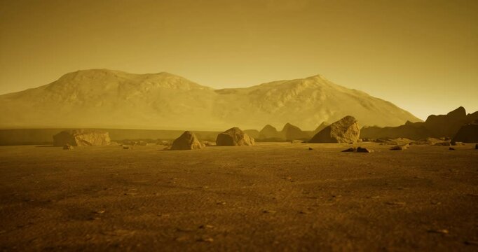 Rugged boulders scatter across a barren landscape, while distant mountains loom under an obscured atmosphere. The desolate setting evokes a sense of exploration and intrigue.