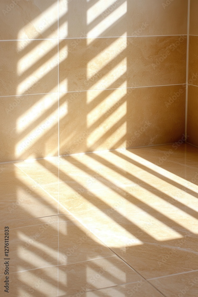 Poster sunlight streams through window coverings, casting diagonal stripes of light across a beige tiled fl