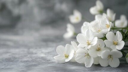 White flowers on a grey background. A grey background with flowers and grief of loss. Generative card of condolences coping with the loss of a loved one. White blossoms against a lifestyle gray.