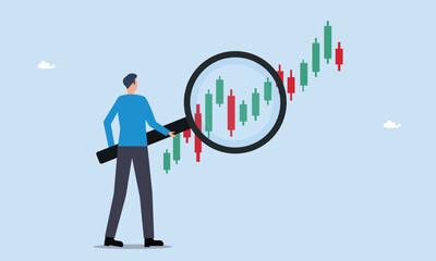 Stock market graph analysis, investment, forex trade or make profit concept, crypto trader trend line or finding buy and sell indicator, businessman investor holding magnifier analyze investment graph