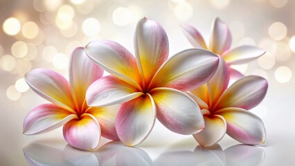 Close-up of Three Exquisite White Plumeria Flowers with Pink & Yellow Centers Isolated on White Background