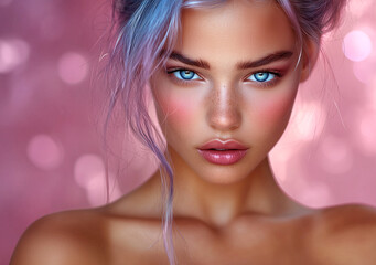 Fototapeta premium Woman with blue eyes and pink hair is wearing makeup