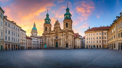 Obraz premium Panoramic View of Historic Church in Old Town with Classic Architecture and Scenic Urban Landscape, Traditional Religious Landmark with Vintage European Style
