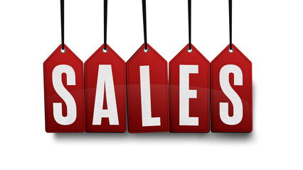image of hanging red sales tags with shadow on background with gradient	