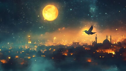 Naklejka premium Serene nightscape of a city under a bright moon with a silhouette of a bird in flight