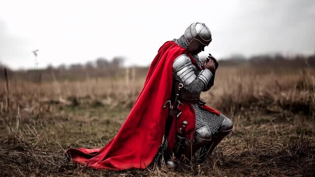 Knight In Silver Armor And Red Cape Kneeling In Field