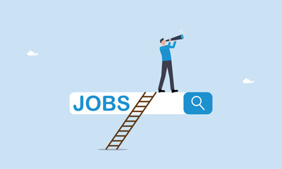 Looking for new job, seek for vacancy or work position concept, employment, career or job search, find opportunity, businessman climb up ladder of job search bar with binoculars to see opportunity.
