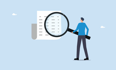 Document checking, search for document files concept, agreement or contract validation, financial or budget analysis, businessman manager holding big magnifying glass checking document paper.