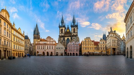 Fototapeta premium Panoramic View of Historic Church in Old Town with Classic Architecture and Scenic Urban Landscape, Traditional Religious Landmark with Vintage European Style