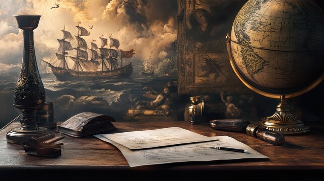 17th Century Desk, Ship Painting, Globe, Documents