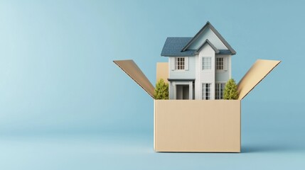 Miniature house in open cardboard box