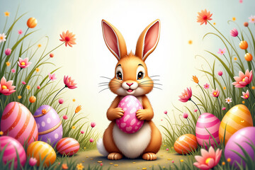 A cheerful bunny sits in a vibrant meadow filled with colorful Easter eggs and blooming flowers, celebrating Easter.