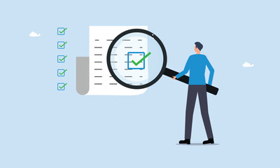 Inspect or review document, investigate, proof or checking concept, report or legal audit, quality assurance, search for document, information or research, businessman with magnifier inspect document.