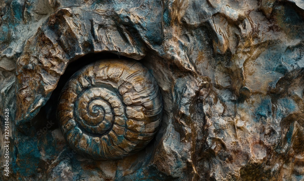 Poster close-up of a beautifully textured fossilized shell embedded in rocky terrain, showcasing nature's a