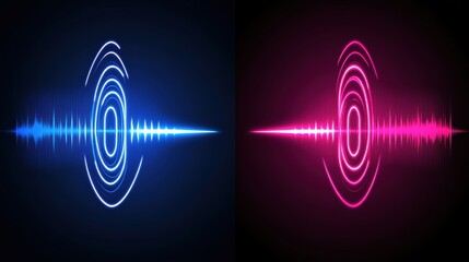 Blue and Pink Sound Wave Visualizations with Circular Patterns on a Black Background