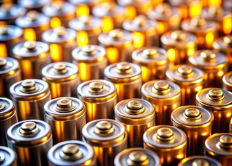 Close-up Tilt-Shift of AA Alkaline Battery Poles, Rows of Used Batteries Background