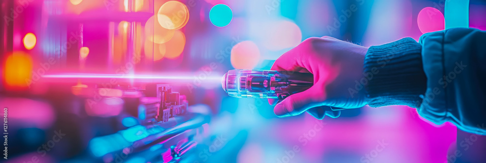 Poster cyberpunk laser pointer: futuristic neon light beam emanating from a handheld device against a blurr
