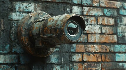 A rusty surveillance camera mounted on a weathered brick wall, showcasing an industrial aesthetic and urban decay.