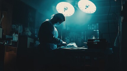 A lone surgeon performs a surgery under a dim teal light, the scene is dark and mysterious, with a focus on the surgeon's silhouette.