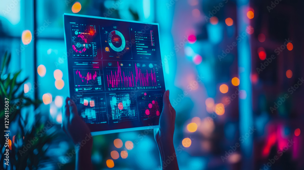 Aufkleber analysis of futuristic data on translucent screen