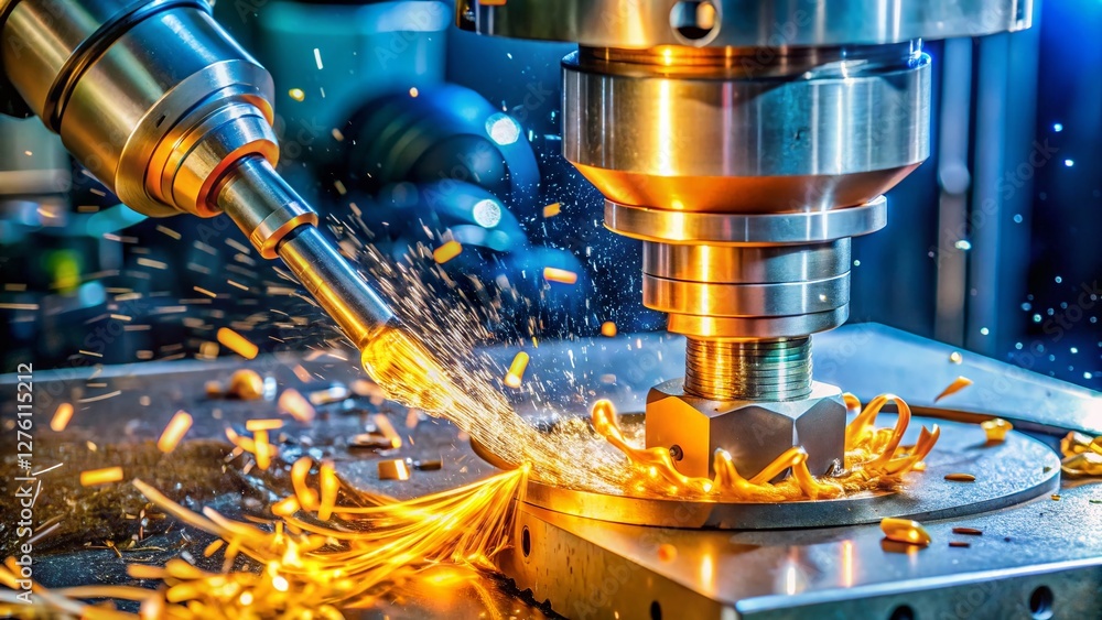 Poster cnc milling machine close-up: shell mold part machining with coolant
