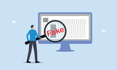 Screening or verify truth before sharing or believe concept, fake news or false information spreading on website and social media, man with magnifying glass verify fake news on website on computer.