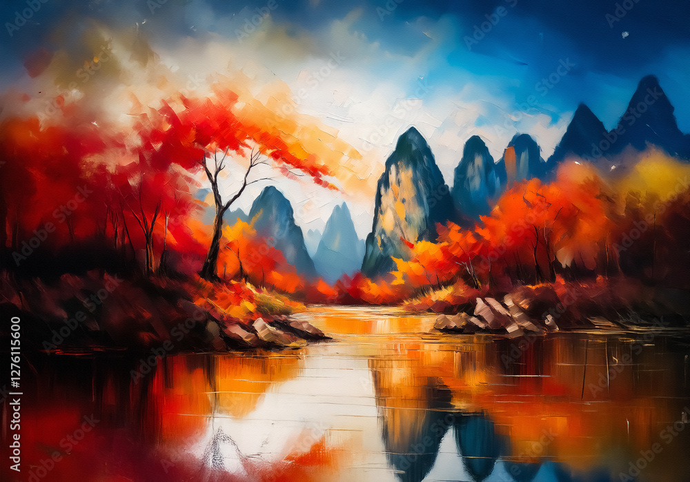 Poster a vivid autumnal scenery shows fiery red and orange trees mirrored in a still river, framed by impos