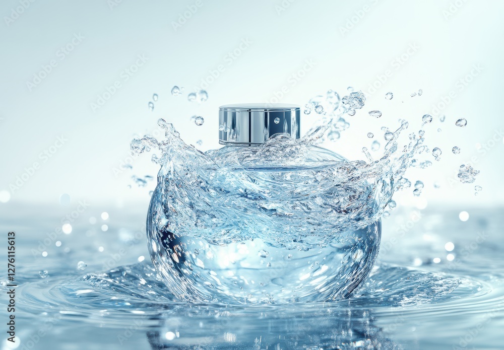 Poster perfume bottle splashing in water creating refreshing waves