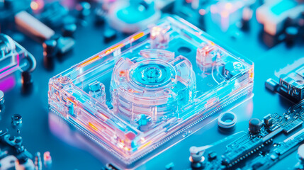 Futuristic translucent drive unit on electronic components: Data storage of tomorrow's technology