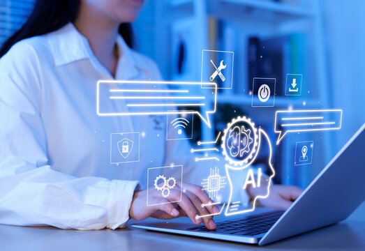 AI Artificial intelligence and technology innovation concept. Professional working on laptop with futuristic AI artificial intelligence icons, automation, and digital transformation. machine learning,
