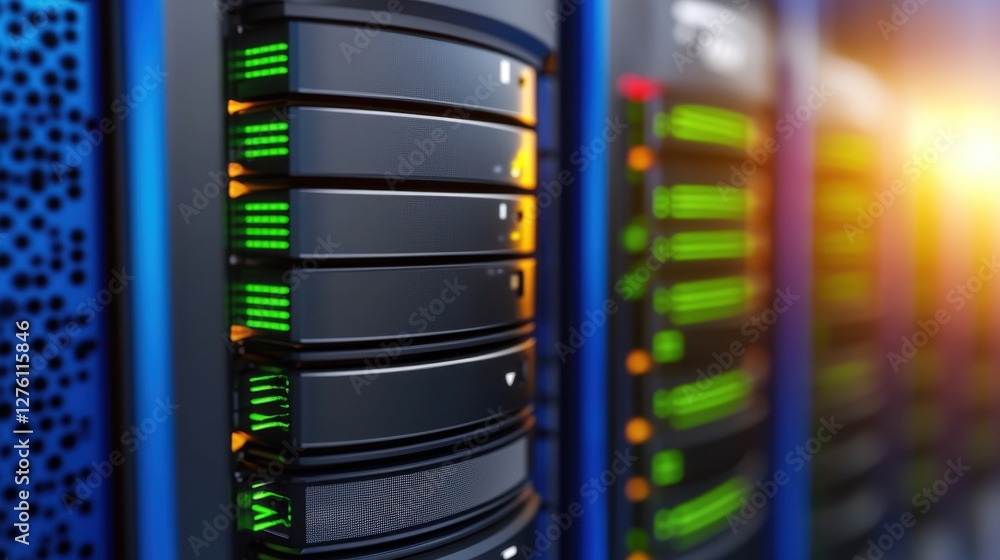 Aufkleber close up view of multiple dark blue server racks with glowing green lights, set against a softly lit