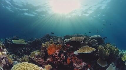 Underwater Coral Reef Paradise: Sunbeams Illuminate Vibrant Marine Life