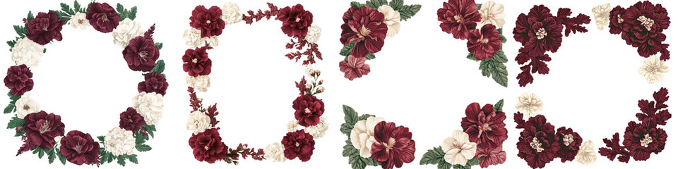 Elegant Red and White Floral Wreath with Lush Foliage Bouquet   Beautiful ornate floral arrangement with vibrant blooms and delicate leaves in a romantic vintage inspired design