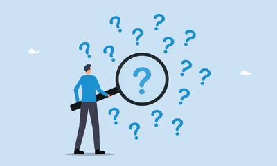Problem analysis or problem management, businessman with magnifying glass analyze question marks, analyze or investigate for root cause or incident, finding solution or discover threat or uncertain.