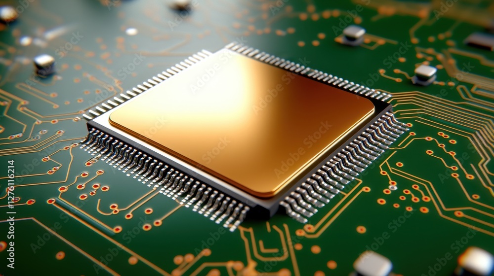 Poster close up view of a gold central processing unit on a green circuit board. the image shows intricate 