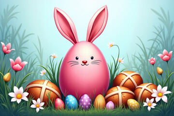 A whimsical Easter scene with a pink bunny-shaped egg surrounded by colorful eggs, hot cross buns, and blooming flowers, celebrating the holiday's joyful spirit.