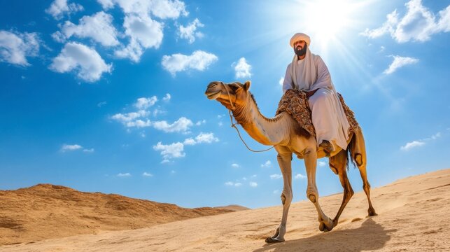 An Arab man riding a camel through the desert at midday, with the intense heat and bright sun overhead - Powered by Adobe