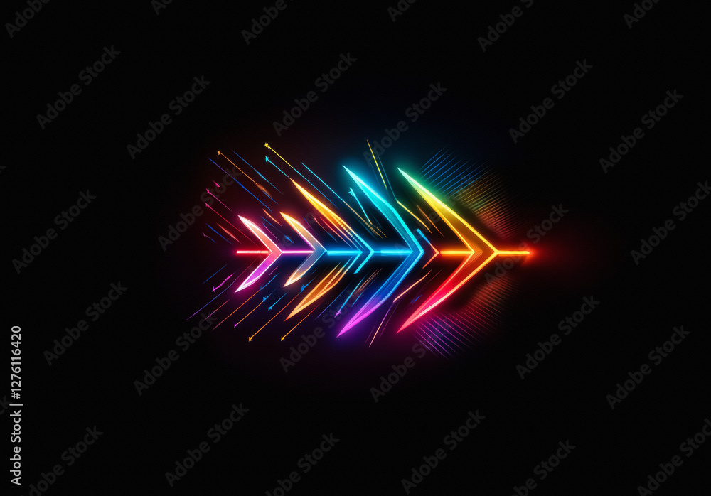 Aufkleber Abstract neon arrow design with bright, vibrant colors on a dark background. The glowing arrow has a modern and futuristic look and points to the right.