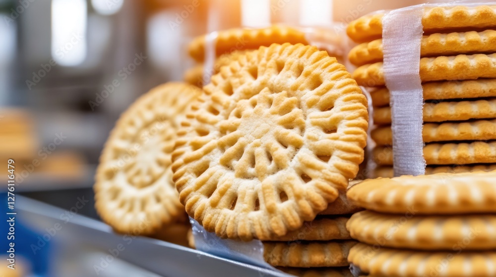 Poster close up view of stacks of round, golden brown biscuits with intricate designs, showing texture and 