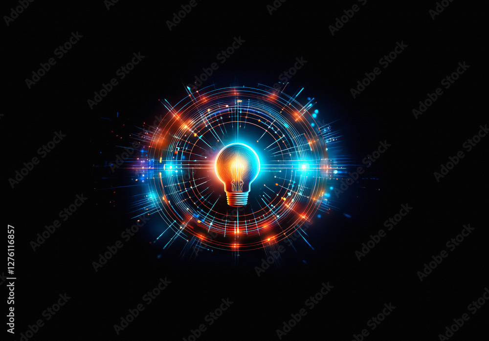 Fototapete glowing lightbulb emits radiant light, surrounded by circular elements and sparkling particles again