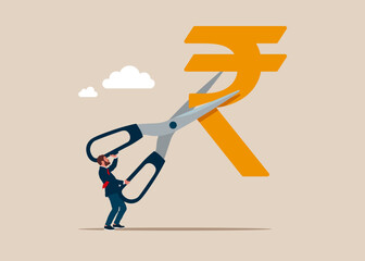 Businessman cutting scissors to cut rupee sign. Cost reduction or cut price. Flat vector illustration.
