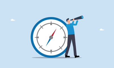 Business goal and achievement or looking for solution and discovery concept, business direction with leadership visionary, smart businessman leader using telescope look for the way forward strategy.