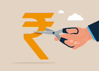 Hand cutting scissors to cut rupee sign. Cost reduction or cut price. Flat vector illustration.
