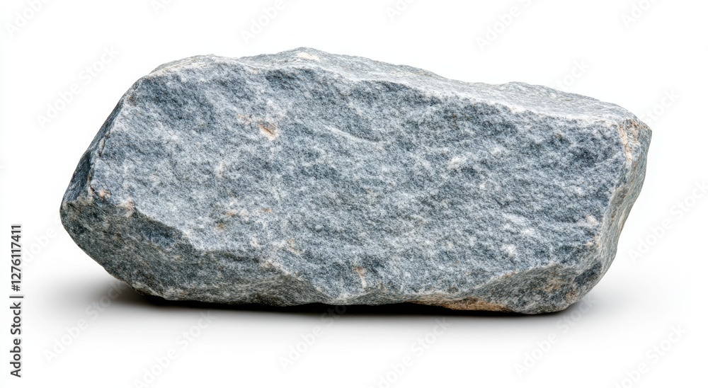 Poster close up view of a gray, rough textured rock isolated on a white background. the rock is irregularly