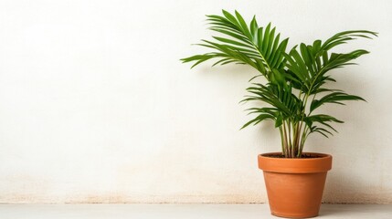 A vibrant green houseplant in a terracotta pot sits against a textured white wall. The image offers ample copy space
