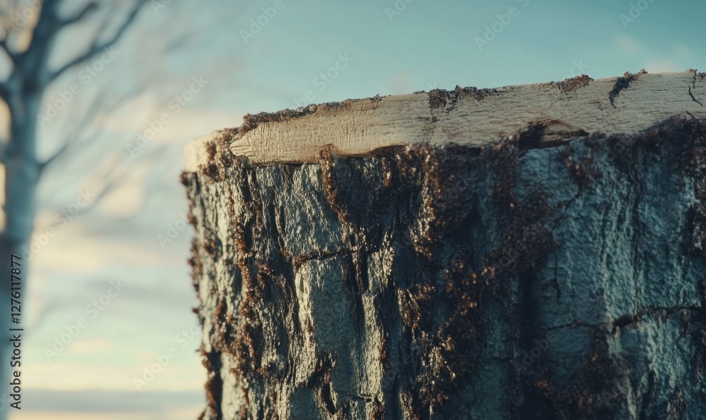 Poster close-up of a tree stump with textured bark against a serene background of trees and sky